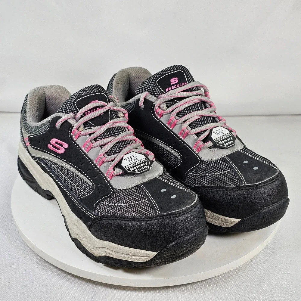 Skechers Work Steel Toe Memory Foam Shoes Black Grey Pink 76601‎ BKGY Womens 7.5